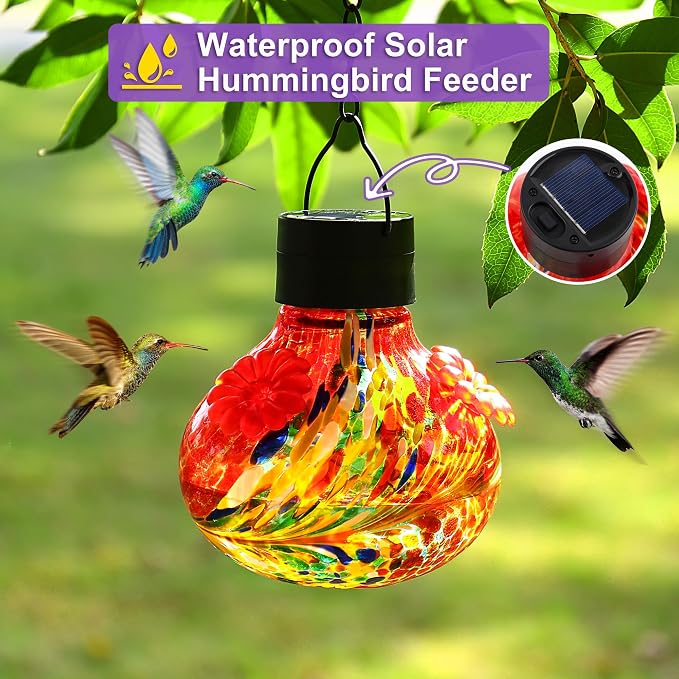 SAVENNA Hand Blown Glass Solar Hummingbird Feeder with Soft Night Light,17oz Leak-Proof Decorative Feeder for Outdoor Garden Patio Yard –Ruby Red Phoenix Swirl