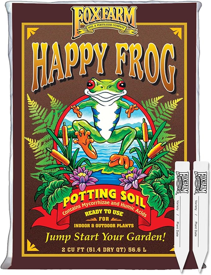 FoxFarm Happy Frog Potting Soil with 2 Plant Tags, 2 cu ft – Indoor/Outdoor Container Plants – Mycorrhizae & Humic Acids