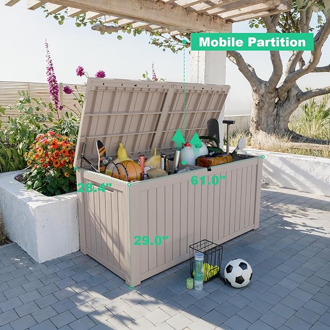 180 Gallon Outdoor Storage Box, Waterproof Resin Deck Box for Patio Cushions & Gardening Tools, Lockable & Durable Outdoor Storage Bin, Stylish Grey Design