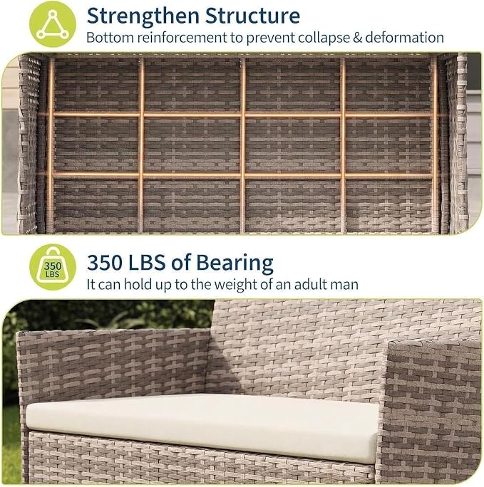 4-Piece Outdoor Furniture Set, PE Rattan Wicker Chairs with Soft Cushions & Tempered Glass Coffee Table - All-Weather Patio Set for Garden, Backyard, Porch, Poolside (Grey/Beige)