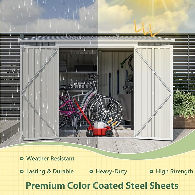 YOPTO 8x6 FT Lean to Outdoor Storage Shed W/Adjustable Lockable Double Side Doors,Metal Shed W/Floor Frame & 2 Air Vents,Garden Tool House W/Updated Frame Structure,for Backyard Patio Lawn,Gray