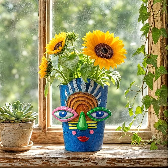 Mrlikale Abstract Face Planter Pots with Drainage Hole for Indoor Plants | 5.9 Inch Hand-Painted Funny Face Flower Pot for Succulents, Shelves, Desks, and Modern Home Decor