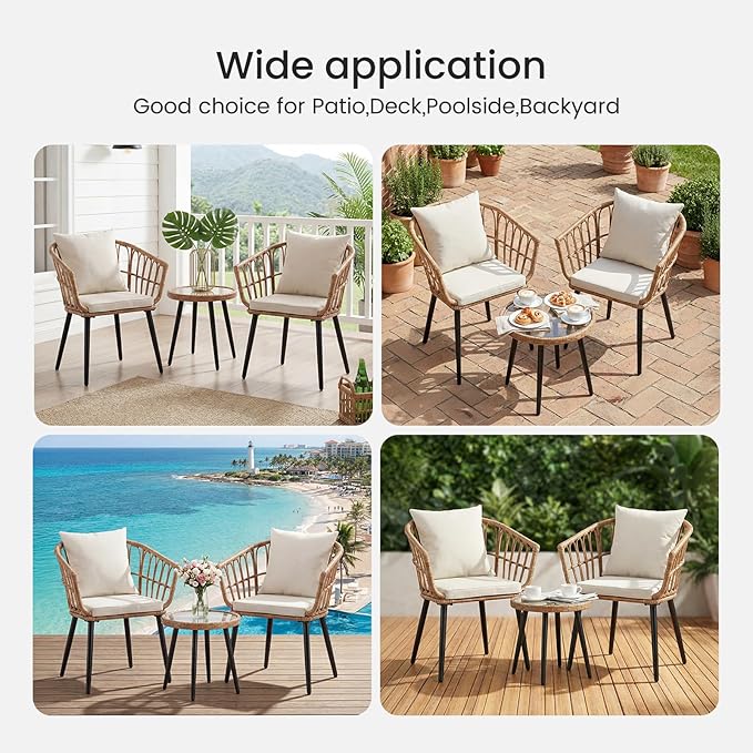 DUMOS 3 Pieces Outdoor Bistro Set, All-Weather PE Rattan Patio Furniture Set with Cushions, Steel Frame Table and Chairs for Balcony, Apartment, Porch, Beige