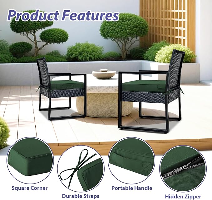 IPYNBAP Outdoor Chair Cushions Set of 4 -Waterproof Outdoor Seat Cushions for Patio Furniture, Patio Chair Cushion with Handle and Ties, Out Door Chair Pads,18.5x16x3-Square, Forest Green