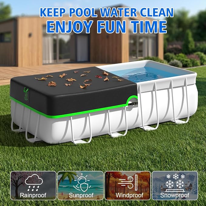 12x24ft Rectangular Pool Cover, 420D Heavy Duty Rectangle Swimming Pool Cover with Sturdy Strap Tensioner & Reflective Handles, Enhance Windproof, Tear & UV Resistant, Weather Protection