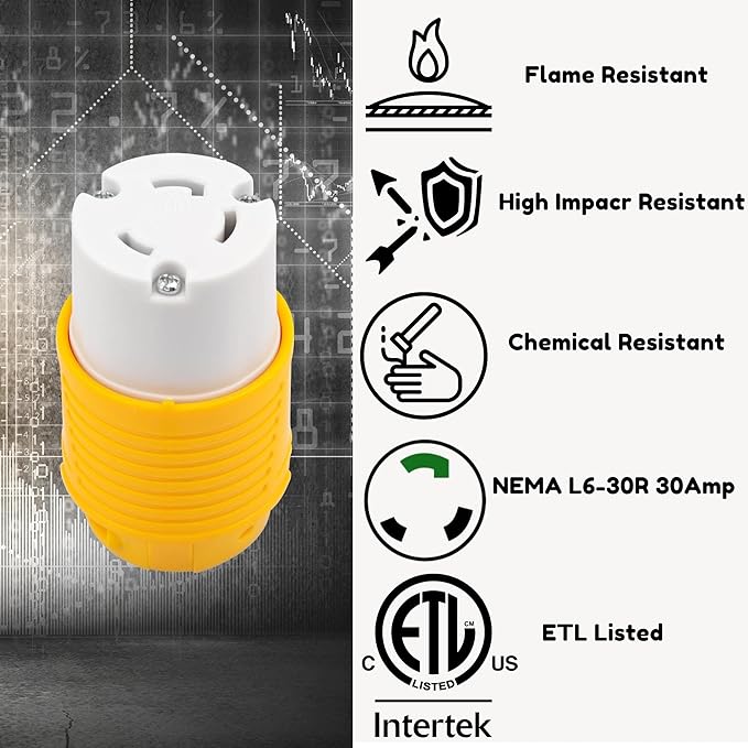 Sintron NEMA L6-30R 30 Amp Twist Lock Plug, 250 Volt 2 Pole 3 Wire, ETL Listed, Female Plug Locking Connector for Welder Generator Transfer Switches,Power Tool, Industrial Grade, Grounding 7500 Watts