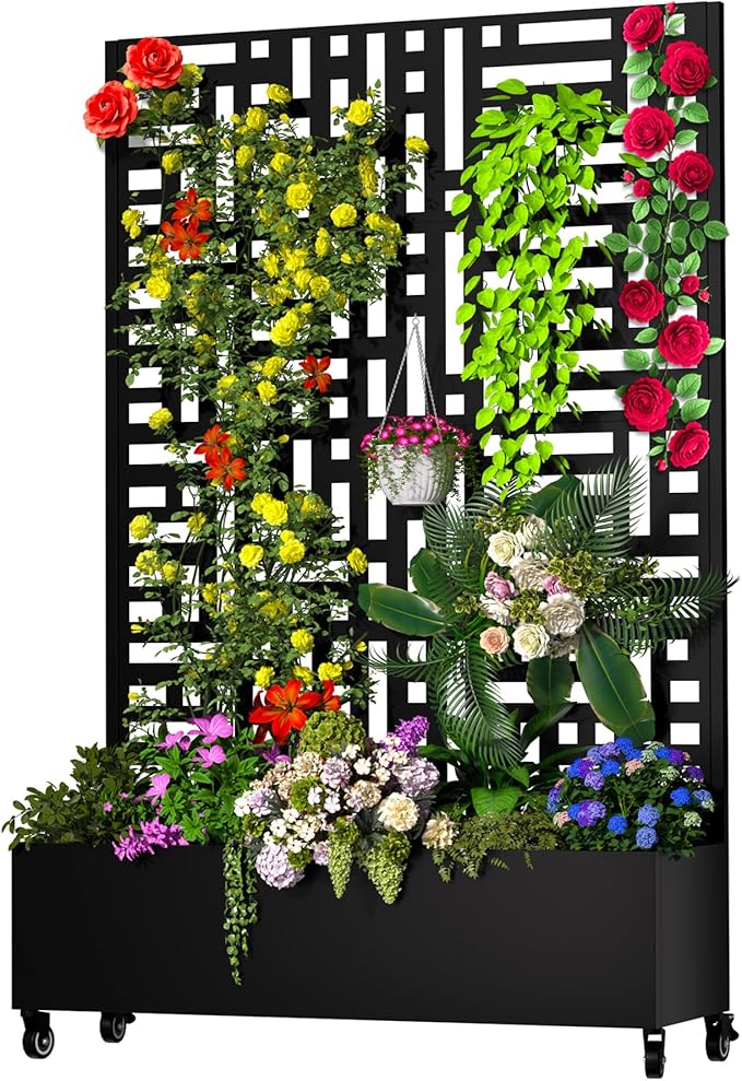 MTART Metal Planter Box with Trellis, 72.1"x47.2"x16" Outdoor Galvanized Raised Garden Bed with Privacy Screen & Drainage Holes & Lockable Casters for Climbing Plants, Vegetable (Street-Black1)
