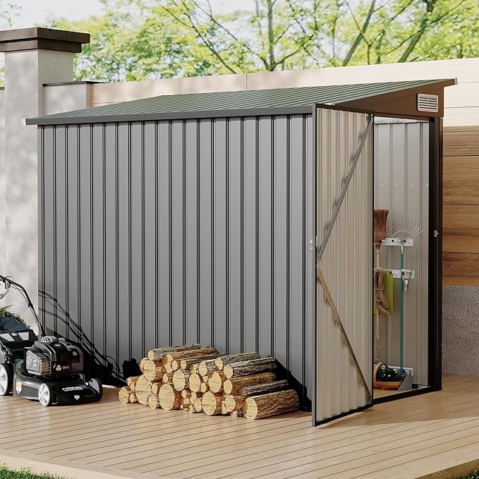 4×8 ft Lean to Storage Shed, Heavy-Duty Outdoor Metal Storage Shed, Garden Tool Metal StorageHouse W/Lockable Door and 2 Air Vents