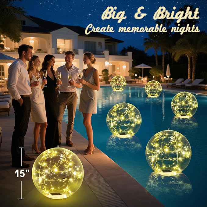 Askyli Solar Floating Pool Lights, 15 inch Waterproof Solar Pool Light that Float, Warm White LED Light up Pool Balls, Auto ON/Off Pool Solar Lights for Pools Party Wedding Decor (4Piece)