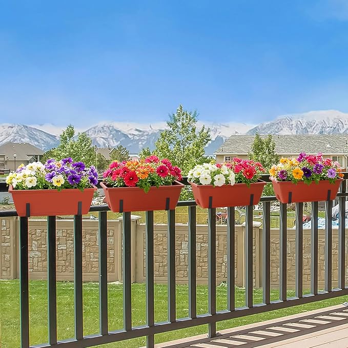 CADUKE Railing Planter Box 16.9 Inches Fence Hanging Planters with Adjustable Brackets Red Deck Railing Planter Boxes Plastic Outdoor Balcony Railing Window Boxes Planters Hanging Flower Box