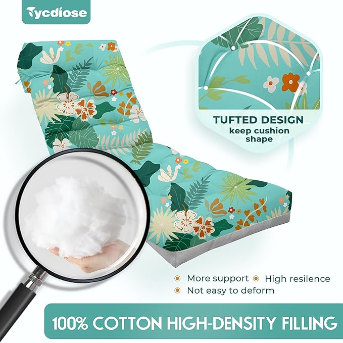 Outdoor Chaise Lounge Chair Cushion, 71 x 22 x 4.7 Inches Waterproof Chaise Lounge Cushions Replacement for Outdoor Furniture, Thickened Non-Slip Patio Lounge Chair Cushions, Cyan Floral leaf