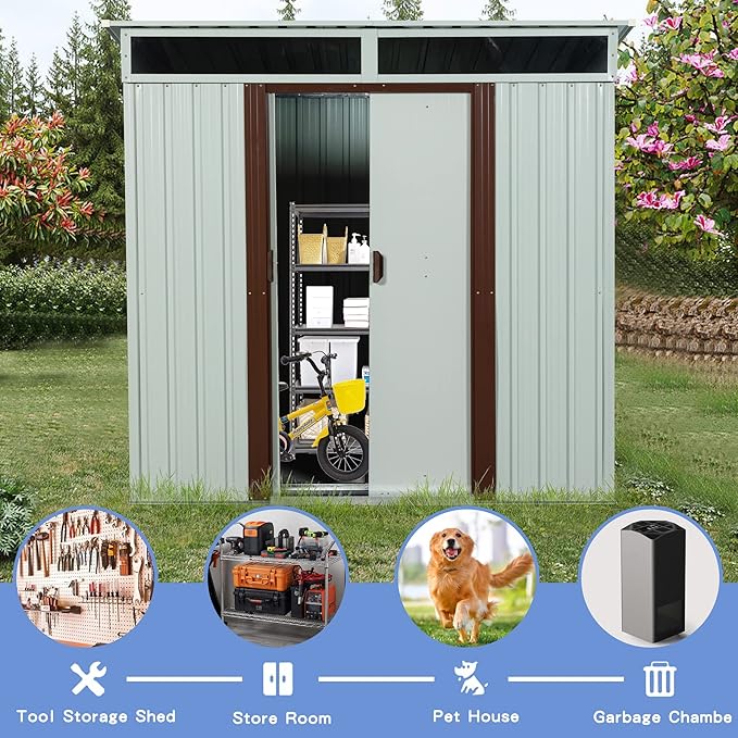 6x5 FT Outdoor Metal Storage Shed with Sliding Doors and Padlock,Weatherproof Garden Sheds W/Transparent Plate,Punched Vents,Utility Tool House for Lawn Backyard,White