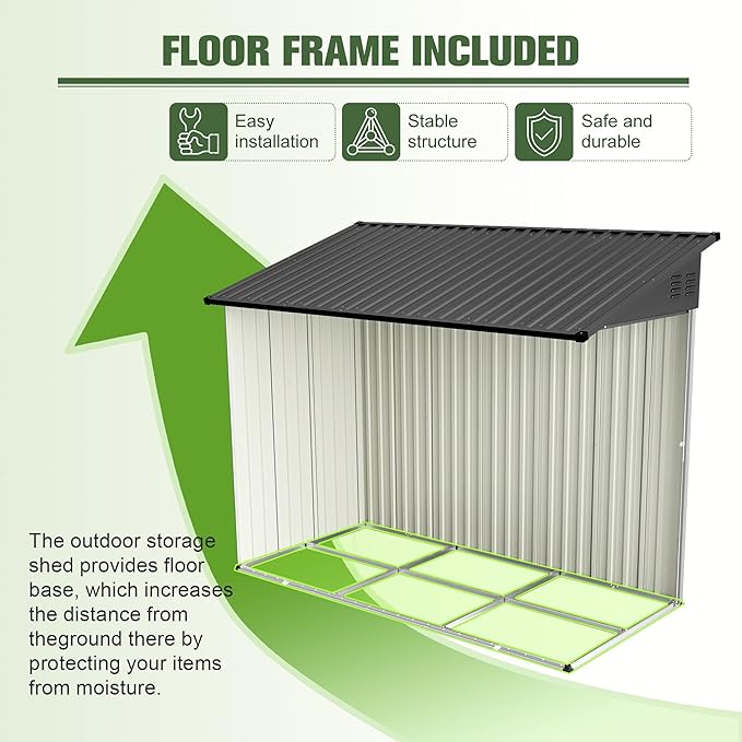 YOPTO 4x8 FT Lean to Outdoor Storage Shed,Metal Shed W/Floor Frame & Reversible Installation,All Weather Waterproof Garden Tool House W/Lockable Door & 2 Air Vents,for Backyard,Patio,Lawn,Black
