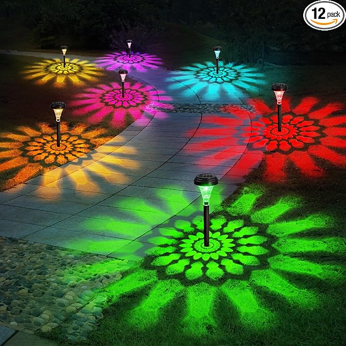 Solar Pathway Lights 12 Pack, Outdoor Solar Garden Yard Light RGB Color Changing+Warm White IP67 Waterproof, Solar Powered Garden Lights for Walkway Yard Backyard Lawn Landscape