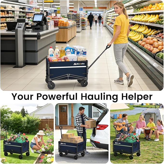 Blomoba Collapsible Wagon Cart, 220LBS Heavy Duty Collapsible Wagon with All-Terrain Wheels 360° Rotation, Flexible Handle, Portable Utility Cart for Grocery Sports Garden Shopping Camping Beach, Blue