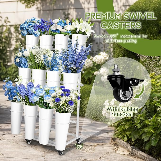 Flower Display Stand With 12 Buckets,3-Tier Flower Bar Stand with Wheels,Flower Cart Display Stand for Florist Garden Wedding Home Decor