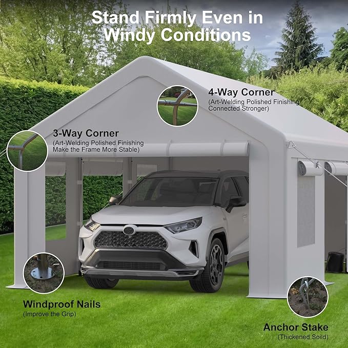 12x20FT Portable Garage, 12'x20' Carport Heavy Duty, Galvanized Frame & 180 g PE Waterproof Canopy, with 4 Doors (Included 2 Side Doors), and 4 Windows, for Pickup Truck, and Boat
