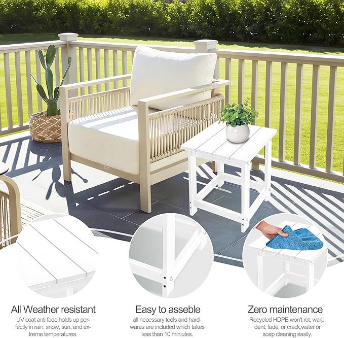 LZRS Square Patio Side Table, Heavy Duty HDPE Outdoor End Table with Wood Texture, Weatherproof Composite Table for Adirondack Chairs, Deck, Pool, Indoor/Outdoor, No Peeling or Cracking(White)