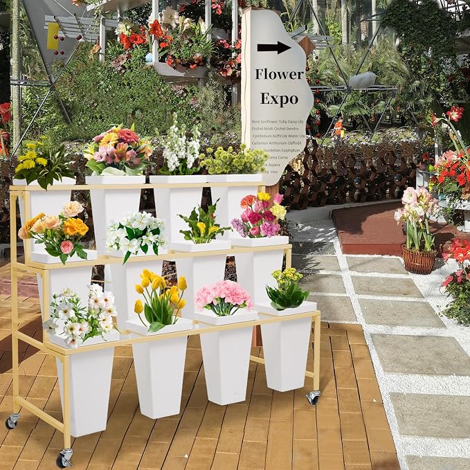 Flower Display Stands with Buckets, 3-Tier Rolling Plant Stand with Locking Wheels - Heavy Duty Metal Flower Cart for Indoor/Outdoor Use, Wedding Decor & Florist Displays (Holds 12 Pots) (Gold)
