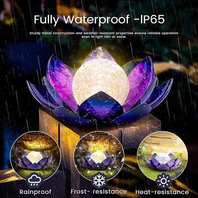 Huaxu Solar Lights Outdoor Decor, Purple Lotus Flower Light, Waterproof LED Crackle Globe Glass Lamp for Garden, Patio, Yard, Porch, Pathway, Ground, Tabletop Gifts for Mom,Women