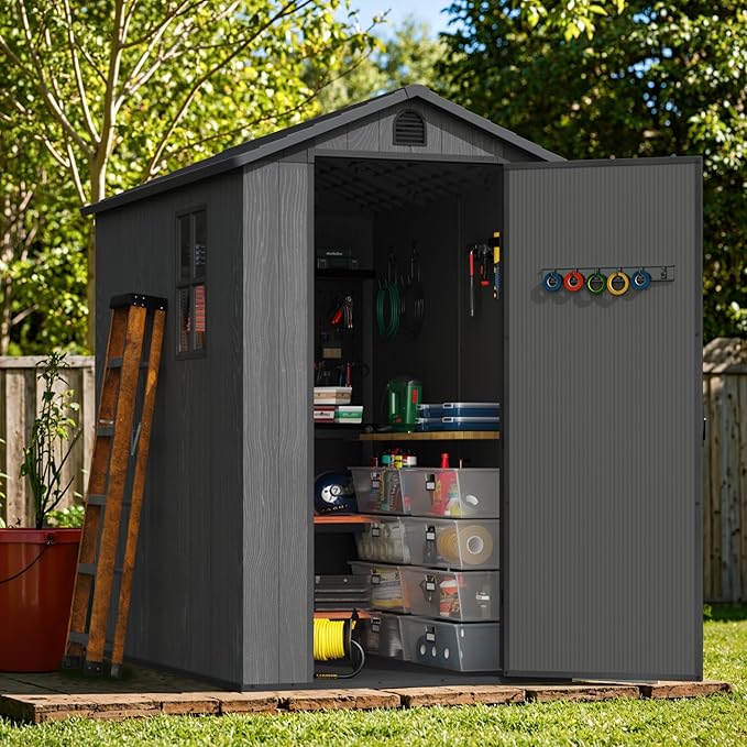 Greesum 4x6FT Plastic Storage Shed with Floor, Resin Outdoor Storaged Sheds with Lockable Door, All Weather Tool Shed with Window and Vent, Easy Assembly for Garden, Backyard, Patio, Dark Gray