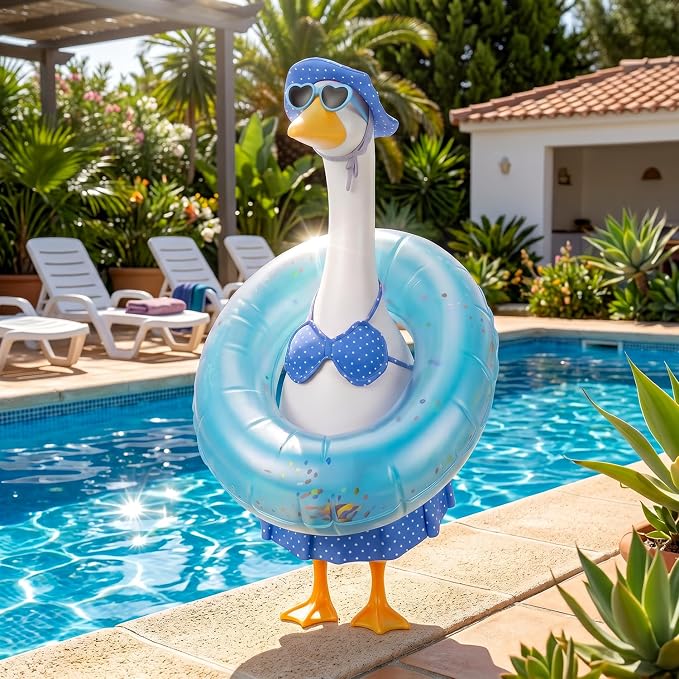 Summer Porch Goose Outfit with Sunglasses and Swim Ring, Hawaiian Bikini 23 inch Porch Goose Costume Clothing for Patio Yard