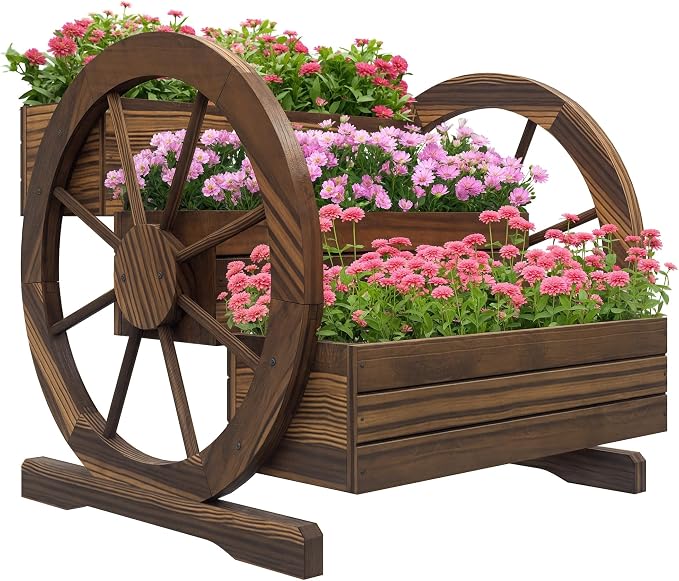 Outsunny 3-Tier Raised Garden Bed, Wooden Wagon Planter Boxes with Drainage Holes, for Vegetables Flowers Herbs, 25" x 24" x 23"