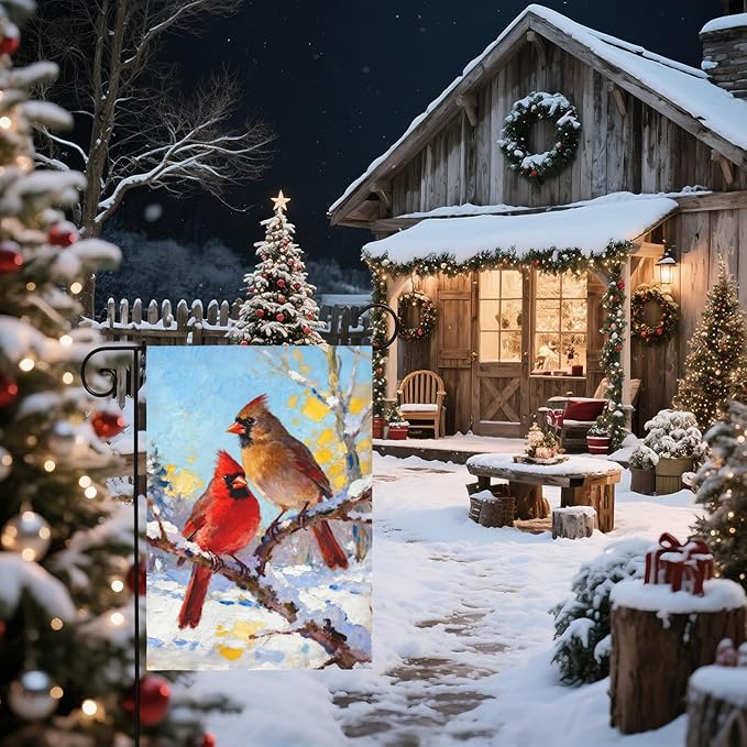 Winter Cardinal Garden Flag 12x18 Inch Snow Scene Bird Twigs Christmas Holiday Decorative Yard Flags for Outside Double Sided Seasonal Outdoor Home Farmhouse Decoration Porch January Decor