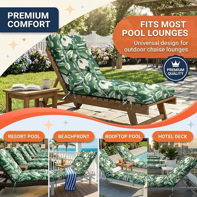 MAGIC ELEPHANT Chaise Lounge Cushion Outdoor, Memory Foam Patio Lounge Chair Cushion with Ties for Outdoor Furniture, 74 x 22 x 4 Inch (Forest Green Tulip)