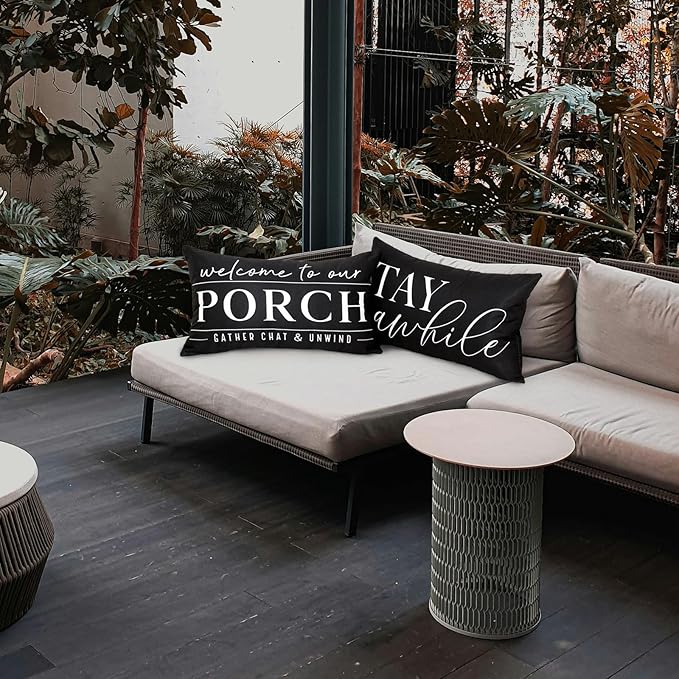 TAJWE Outdoor Pillow Covers Waterproof 12x20 Set of 2 Black and White Decorative Welcome to Our Porch Stay Awhile Cushion Cases for Patio Furniture Sofa Couch Decor