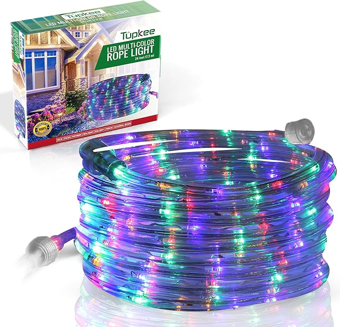 Tupkee LED Rope Light Multi-Color - for Indoor and Outdoor use, 24 Feet (7.3 m) - 10MM Diameter - 144 LED Long Life Bulbs Rope Tube Lights