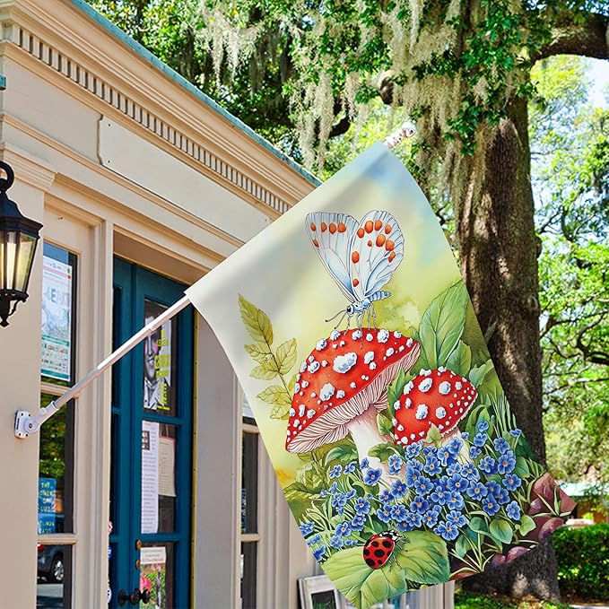 Morigins Welcome Mushroom Spring Garden Flag Double Sided Butterflies and Flower Farmhouse Spring Summer Seasonal Yard Decoration House Flag 28×40 inch