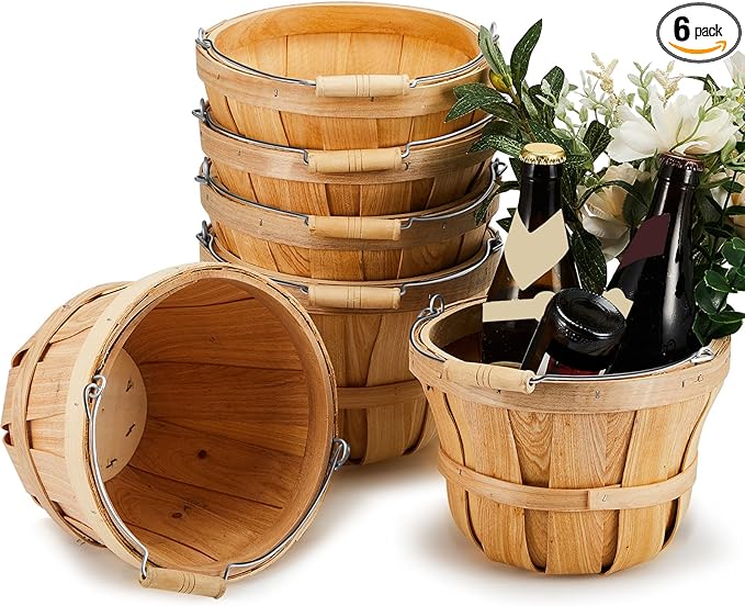 6 Pack Round Wooden Fruit Baskets Small Bushel Apple Buckets with Handle Display Buckets for Gifts Empty Easter Spring Winter Basket for Fruits Vegetables, Home Party Supplies
