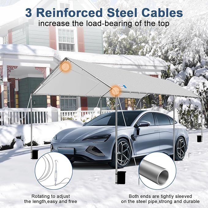 Carport Canopy 10'x20' Heavy Duty Carport, Waterproof & UV Protected Garage Top Tarp Shelter Cover with Reinforced Steel Cables, Outdoor Portable Garage for Car, Boat Tent, Light Grey