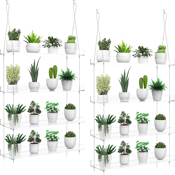 2-Pack Hanging Clear Plant Shelves for Windows, Acrylic Window Wall Plant Stand Shelf for Kitchen Indoor Gardens, Flower, Herb, Seedling Organization, and Pots Display, 16 Inch per Tier