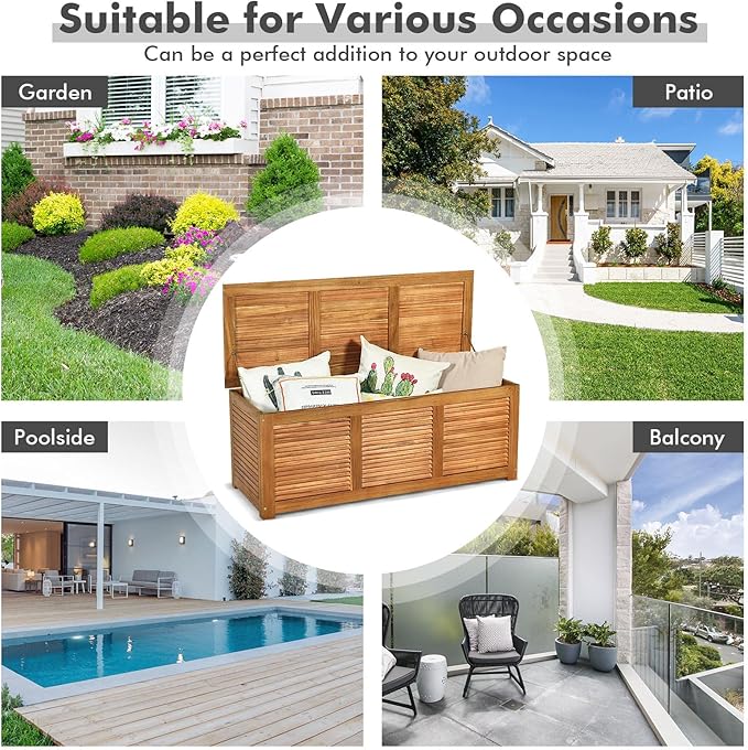 FANTASK 47 Gallon Wooden Deck Box, Outdoor Acacia Wood Garden Backyard Organization, Storage Bench for Patio Furniture Gardening Tools Toys Cushions