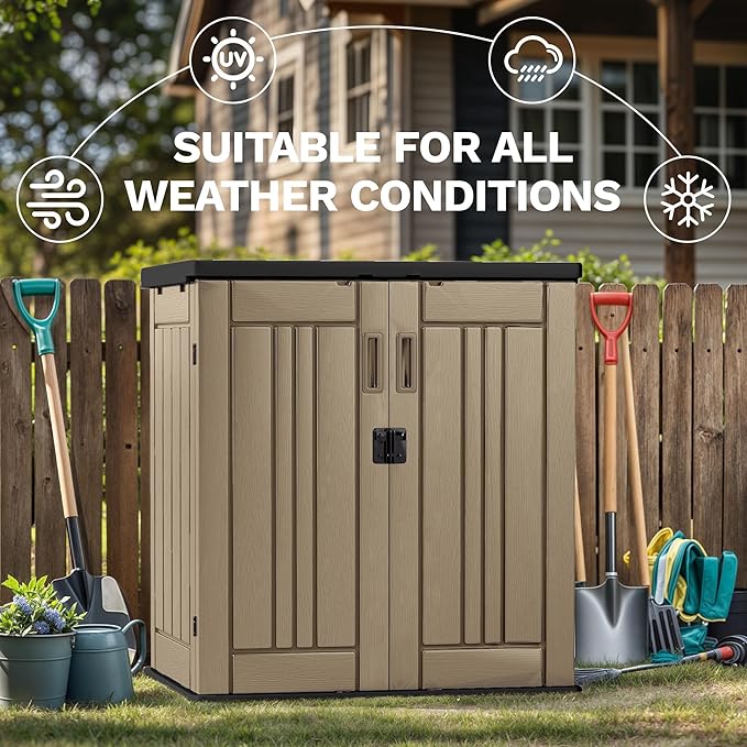 DWVO Outdoor Storage Cabinet with 2 Shelves, Waterproof Horizontal Plastic Storage Shed with Lockable Door, 15 cu. ft. Patio Tools Storage Box for Patio, Garden, Backyard, Deck, Brown