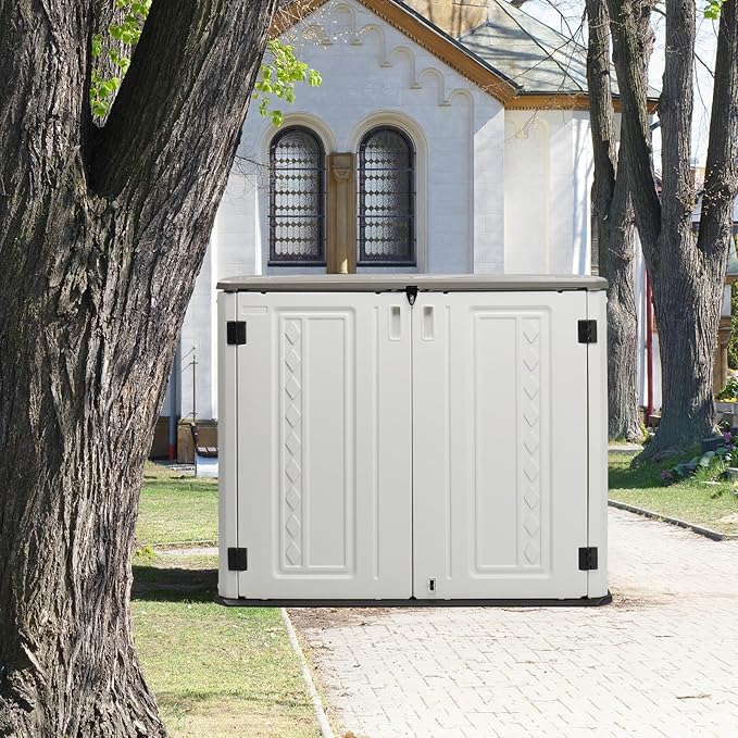 VINGLI Outdoor Horizontal Storage Shed Waterproof with 34 Cubic Feet Storage Space, 50” x 29” x 41” Patio Storage Cabinets for Garbage Cans, Bike, Tools， Deck Box for Yard, Porch, Garden, White