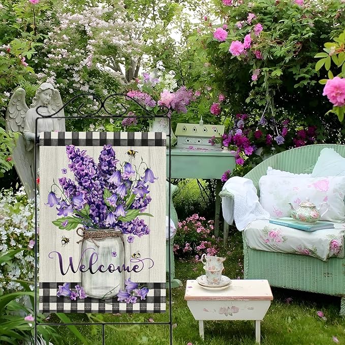 Hzppyz Welcome Spring Summer Floral Flower House Flag Double Sided, Hyacinth Canterbury Bells Decorative Garden Yard Outdoor Large Decor, Mason Jar Plaid Farmhouse Home Outside Decoration 28 x 40