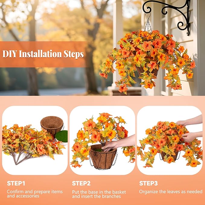 Ammyoo Artificial Fake Fall Flowers with Hanging Basket for Outdoor Decoration, Silk Faux Flowers UV Resistant Fake Plants for Home Porch Patio Garden Window Box Autumn Decor Look Real (Orange)