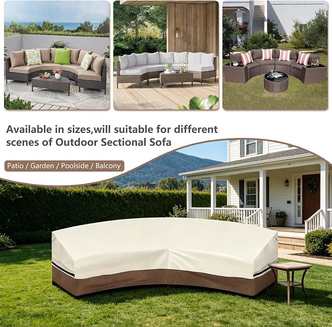 Okcool Outdoor Sectional Cover,Curved Patio Furniture Covers for 3-4 Seater Outdoor Furniture Couch,120"(Back Arc Length) x 82"(Front Arc Length),Beige & Brown