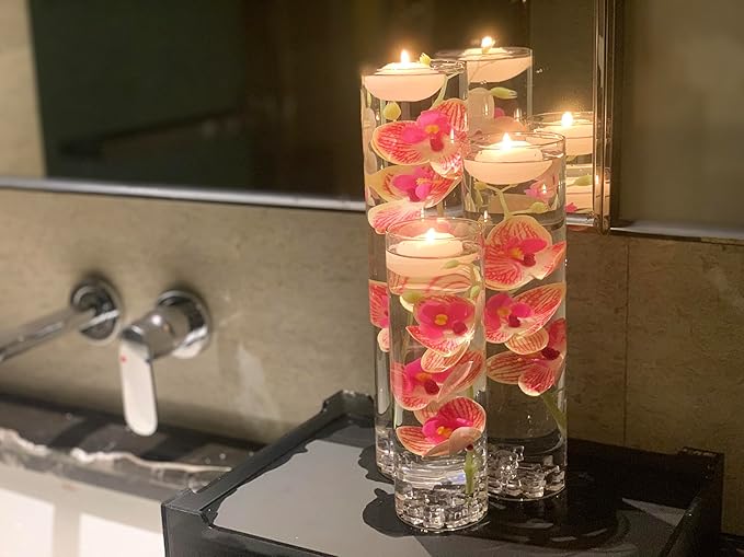 Artificial Orchid Floating Flower for Table Centerpieces Glass Cylinder Vase Fillers Floating Candles Fake Ice Cubes Peach Set for Wedding Party Pool Bar Restaurant Festival Decoration