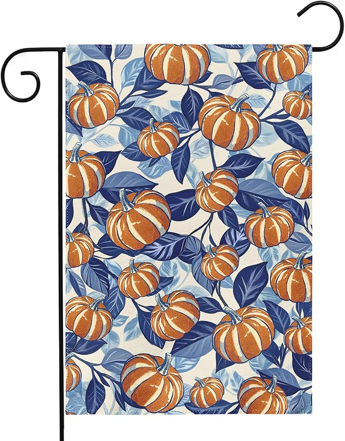 Blue Burnt Orange Fall Thanksgiving Garden Flag 12x18 Inch Autumn Pumpkin Leaf Harvest Theme Print Holiday Decorative Yard Flags for Outside Double Sided Outdoor Home Farmhouse Decoration Porch Decor