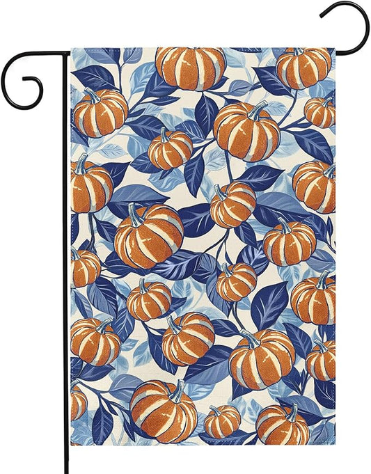 Blue Burnt Orange Fall Thanksgiving Garden Flag 12x18 Inch Autumn Pumpkin Leaf Harvest Theme Print Holiday Decorative Yard Flags for Outside Double Sided Outdoor Home Farmhouse Decoration Porch Decor
