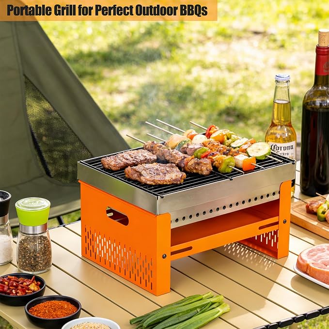 Portable Charcoal Grill, Small Tabletop BBQ, Foldable Mini Hibachi, Stainless Steel Camping Grill, Compact Outdoor Cooker for Picnic, Tailgating (Orange)