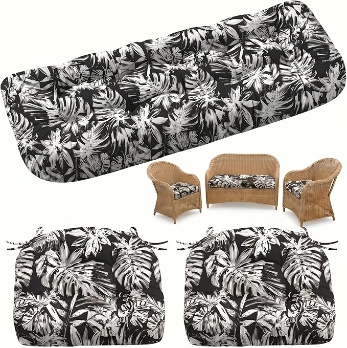 1 MIDDLE ONE Wicker Chair Cushions 3 Pieces Set for Outdoor Furniture, Replacement Patio Wicker Furniture Cushions, 1Pc Loveseat Cushion & 2Pcs Chair Cushions (Black Monstera)