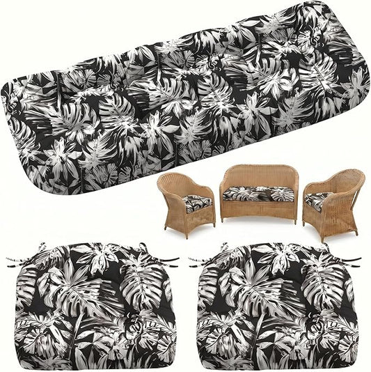 1 MIDDLE ONE Wicker Chair Cushions 3 Pieces Set for Outdoor Furniture, Replacement Patio Wicker Furniture Cushions, 1Pc Loveseat Cushion & 2Pcs Chair Cushions (Black Monstera)
