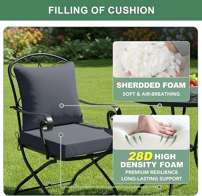 Summsun Waterproof Outdoor Cushions for Patio Furniture, Fade Resistant Backrest and Deep Seat Cushion Set with Removable Cover, 22 x 22 Inch, Dark Grey, Set of 2