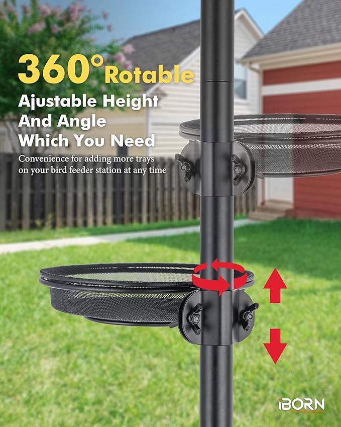 iBorn Bird Feeders Station Mesh Tray and Ring for 1” Pole Stand Station Outdoor Accessory for Humming Bird Feeders for Outside,5SECOND to Install,Fit for 1 Inch Pole,1 Inch Wooden Stick,Pack of 1