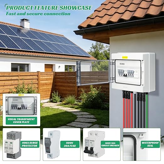 3 in 1 Out Solar Combiner Box,PV Combiner Box with 20A PV Fuse,DC 63A Circuit Breaker and Surge Protector,IP65 Solar Disconnect Switch Box for Indoor Outdoor Solar Panel System (3 in 1 Out 20A 500V)